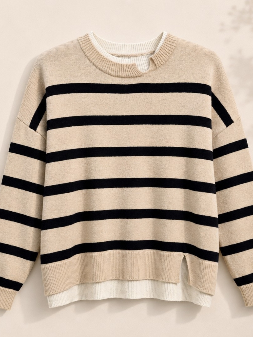 Striped Beige and Black Crewneck Sweater